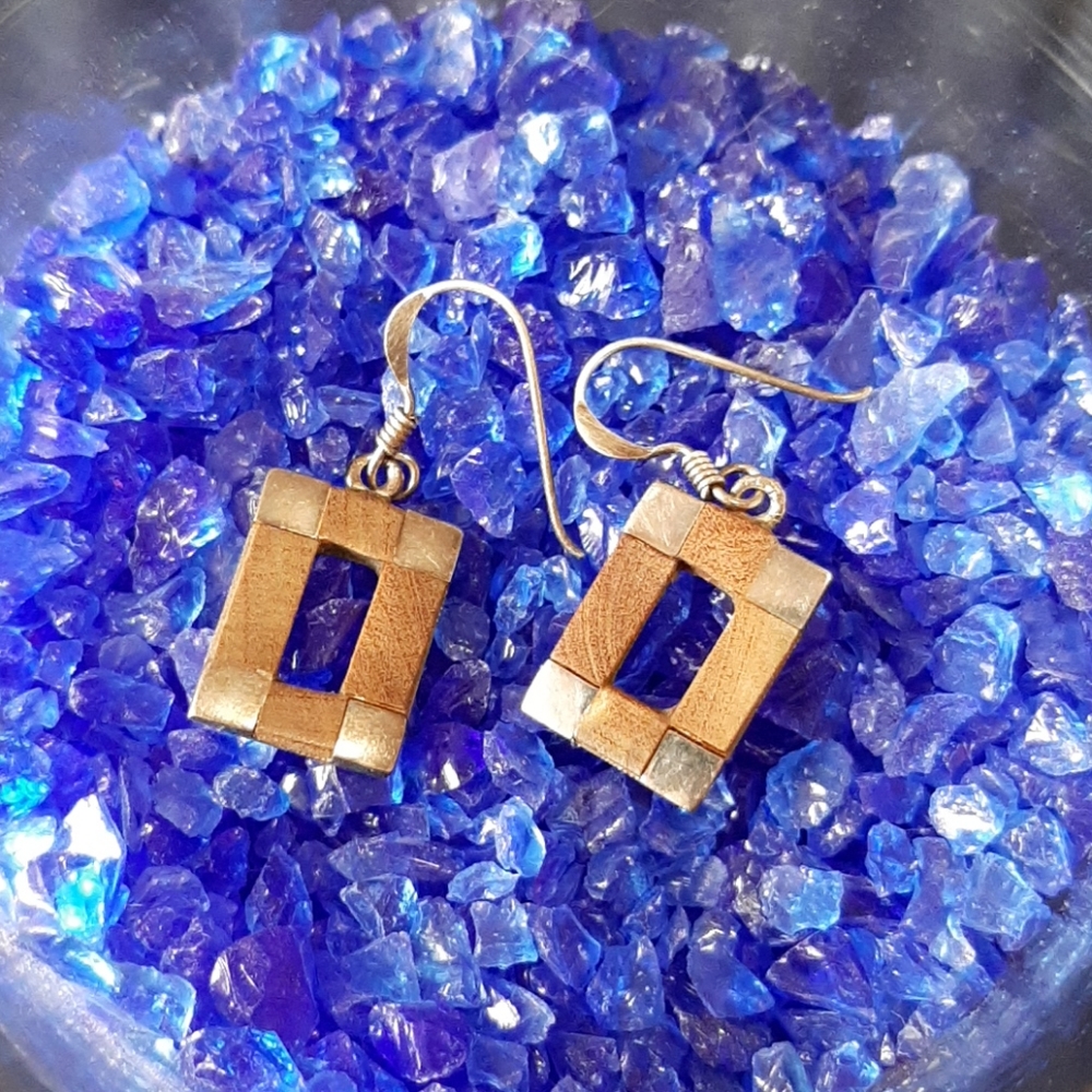 Sterling Silver and Wood Rectangle Earrings